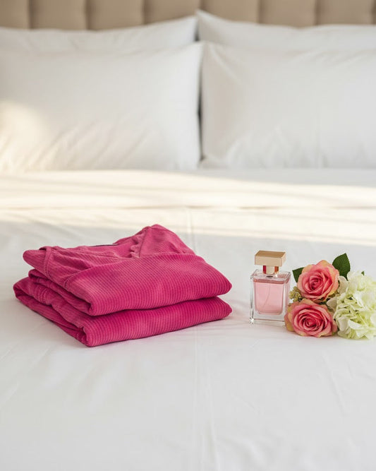 بيجامة 3 قطع قطيفة مضلعة - بينك شتوي