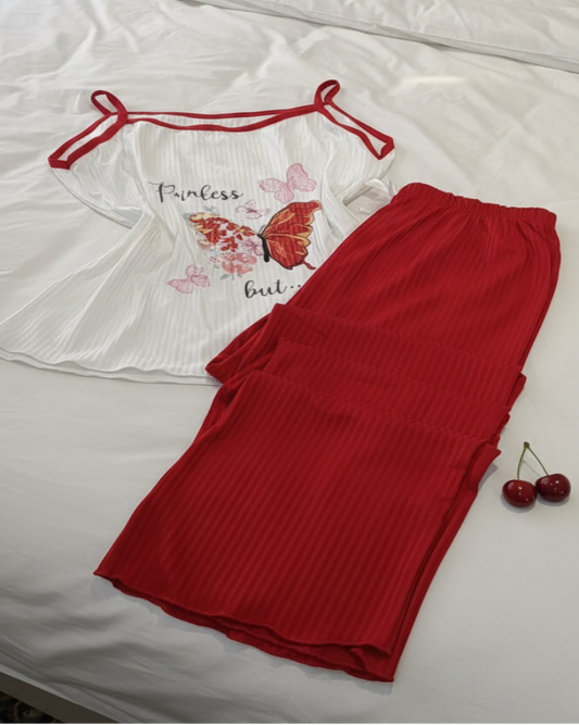 بيجامة ريب مضلعة صيفي - أبيض وأحمر