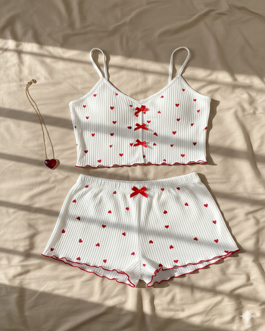 بيجامة ريب مضلعة قلوب - أبيض صيفي